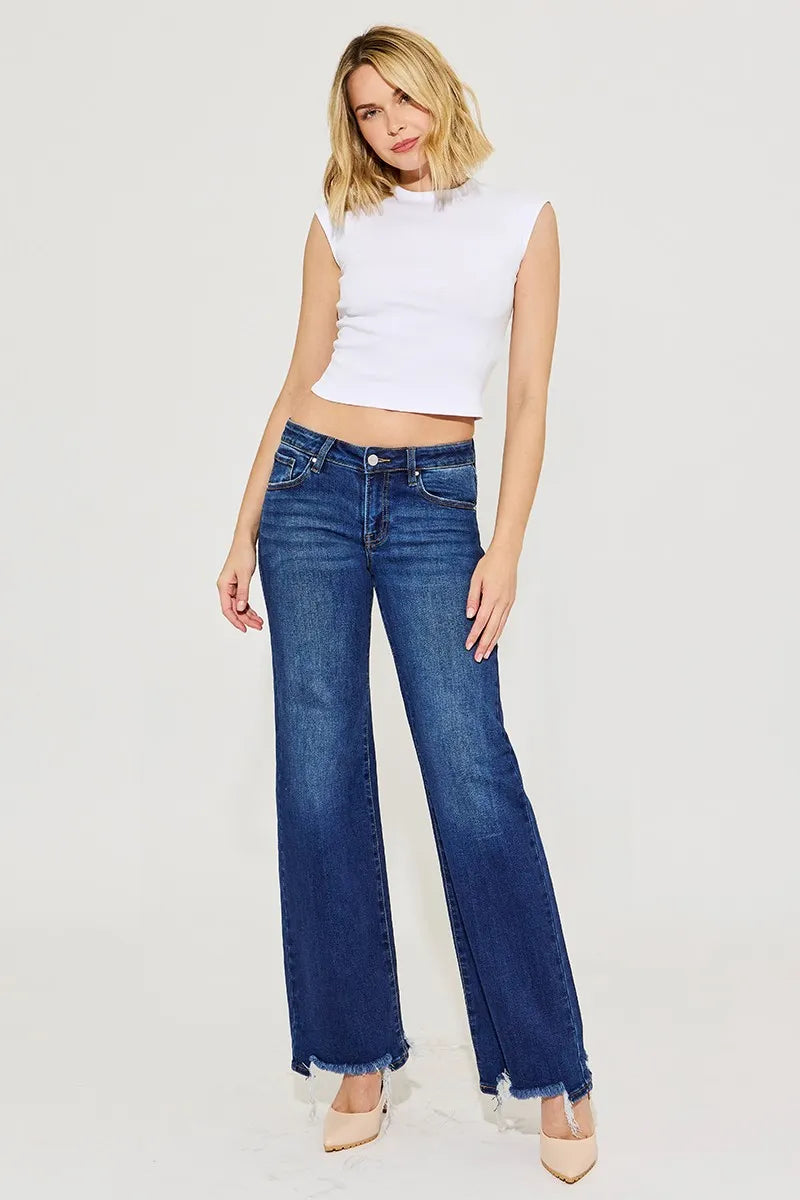 RISEN Low Rise Wide Leg Raw Hem Jeans-Reef Love