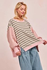 Stripe Mixed Top With Cut Edge And Reverse Outseam