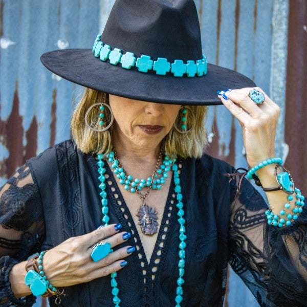 Blue Turquoise Slab on Narrow Leather Cuff Bracelet-The Jewelry Junkie-Reef Love