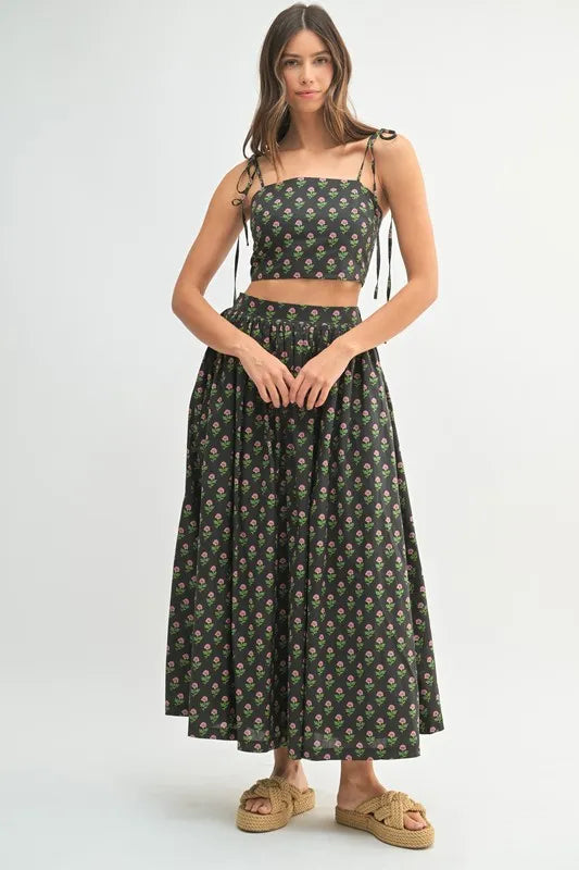 Floral Crop Top and Midi Skirt Set-This floral crop top and midi skirt set is a feminine and playful outfit. The charming floral pattern adds a touch of whimsy to the ensemble.-Reef Love Boho-Chic Boutique