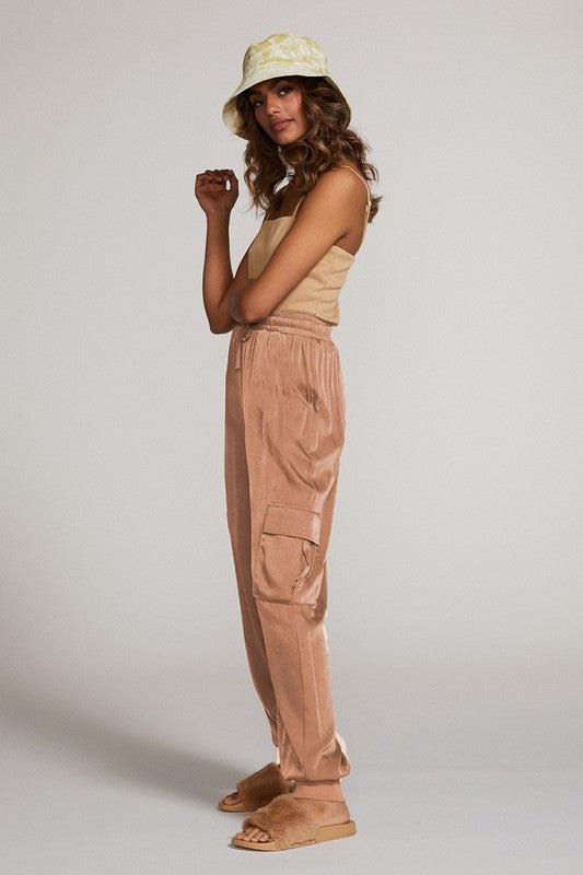 Textured Satin Cargo pPants-Textured satin cargo pants with pockets, ribbed cuffs, and elastic waist. Dress them up or down for effortless everyday edge and comfort.-Reef Love