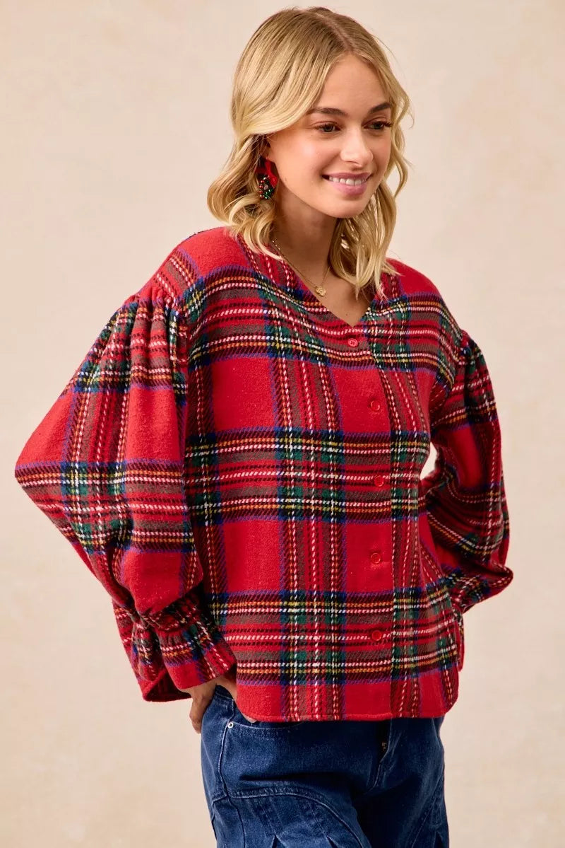 Christmas Plaid V-Neck Flounce Sleeve Jacket