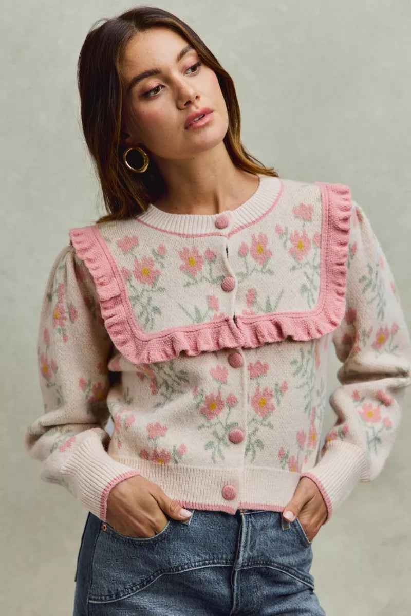 Flower With Ruffle Detailing Sweater Cardigan-So Me-Reef Love