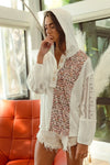 Woman wearing Slub Jersey with Lace Combo Buttoned Hoodie Top-This slub jersey with lace combo buttoned hoodie top blends casual comfort with feminine elegance through its lace detailing and buttoned hoodie design. 