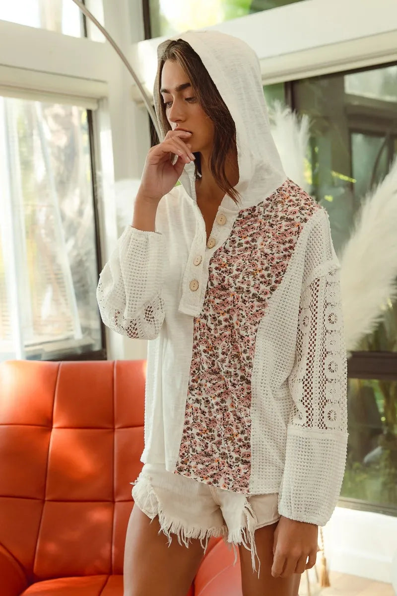 Woman wearing Slub Jersey with Lace Combo Buttoned Hoodie Top-This slub jersey with lace combo buttoned hoodie top blends casual comfort with feminine elegance through its lace detailing and buttoned hoodie design. 