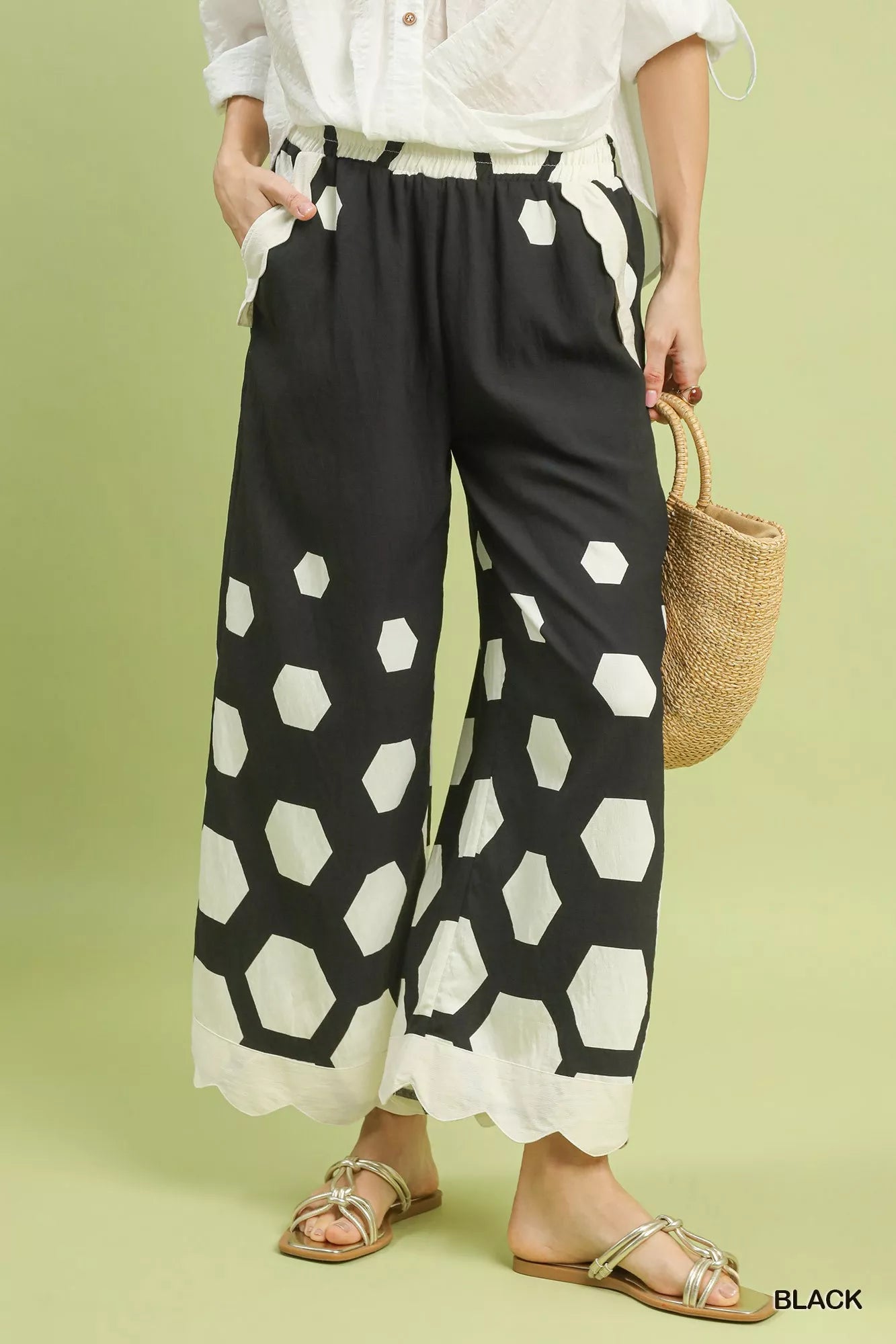 Hexagon Print Wide Leg Pants with Scalloped Hem-Wide Leg Pants-Reef Love
