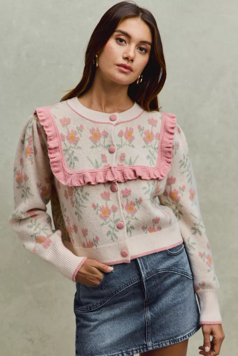 Flower With Ruffle Detailing Sweater Cardigan-So Me-Reef Love