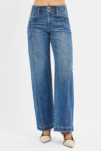 RISEN Mid Rise Fit Wide Baggy Front Seam Jeans