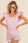 Shop Wide Layered Ruffle Sleeve Scoop Neck Ribbed Top-Stay cute and comfortable in our Pink Ruffle Cap Sleeve T-Shirt. Soft stretch fabric, romantic ruffle sleeves, and a flattering fit make it a must-have essential-Reef Love Boho-Chic Boutique