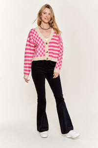 Contrast Checker & Stripes Sweater Cardigan-Jade By Jane-Reef Love
