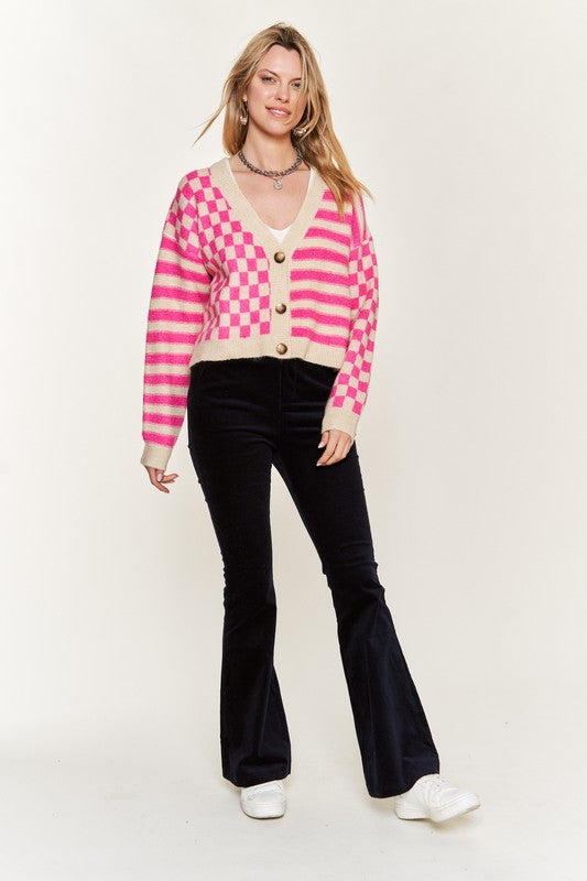 Contrast Checker & Stripes Sweater Cardigan-Jade By Jane-Reef Love