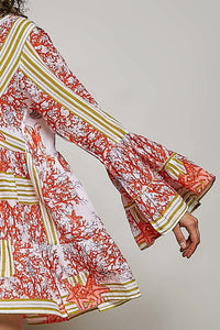 POL Striped Floral Mini Dress: coral starfish print, long ruffle sleeves, tiered cotton design.