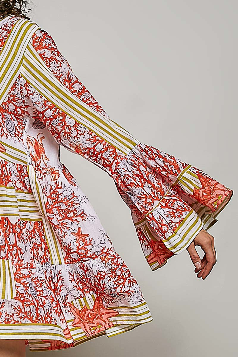 POL Striped Floral Mini Dress: coral starfish print, long ruffle sleeves, tiered cotton design.