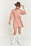 Half-Sleeve Belted Mini Shirt Dress-Chic half sleeve belted mini shirt dress with button-down front and balloon sleeves. Lightweight linen-viscose blend, perfect for warm-weather style.-Reef Love Boho-Chic Boutique