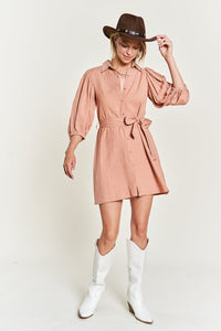 Half-Sleeve Belted Mini Shirt Dress-Chic half sleeve belted mini shirt dress with button-down front and balloon sleeves. Lightweight linen-viscose blend, perfect for warm-weather style.-Reef Love Boho-Chic Boutique