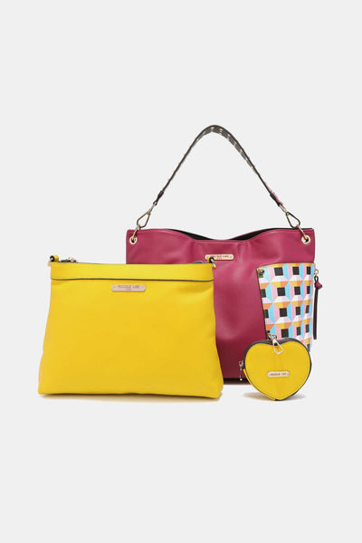 Women’s Three piece handbag set includes a Large Shoulder Bag, a Solid Bag, and a charming Heart Coin Pouch.