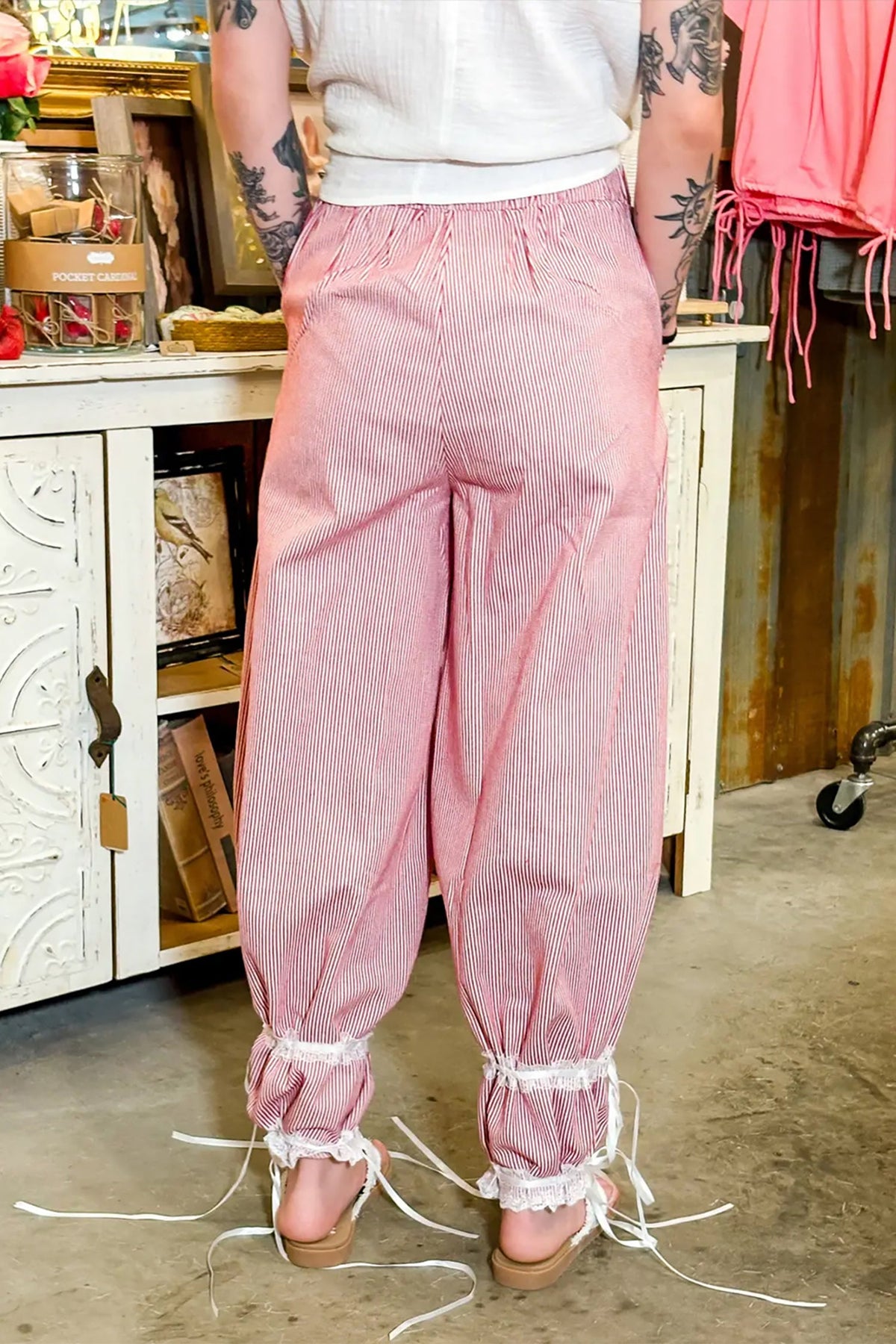 Red Stripe Contrast Lace Ribbon Tie Detail Wide Leg Pants-Bottoms/Pants & Culotte-Reef Love