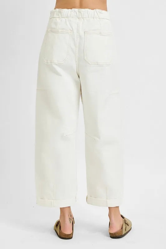 RISEN High Rise Crop Wide Barrel Cargo Jeans, Cream