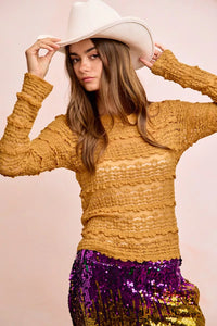 Ruffle Detail Mardi Gras Flower Lace Top, Mustard Gold-BiBi-Reef Love