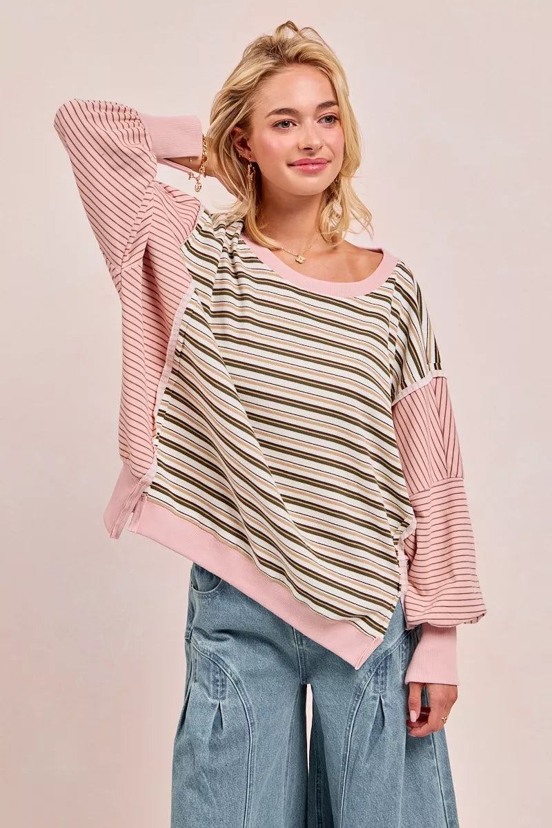Stripe Mixed Top With Cut Edge And Reverse Outseam