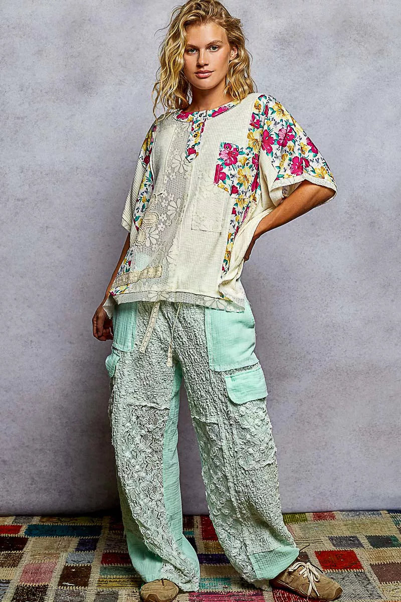 Lace Short Sleeve Floral Pattern Top with Patch Detail