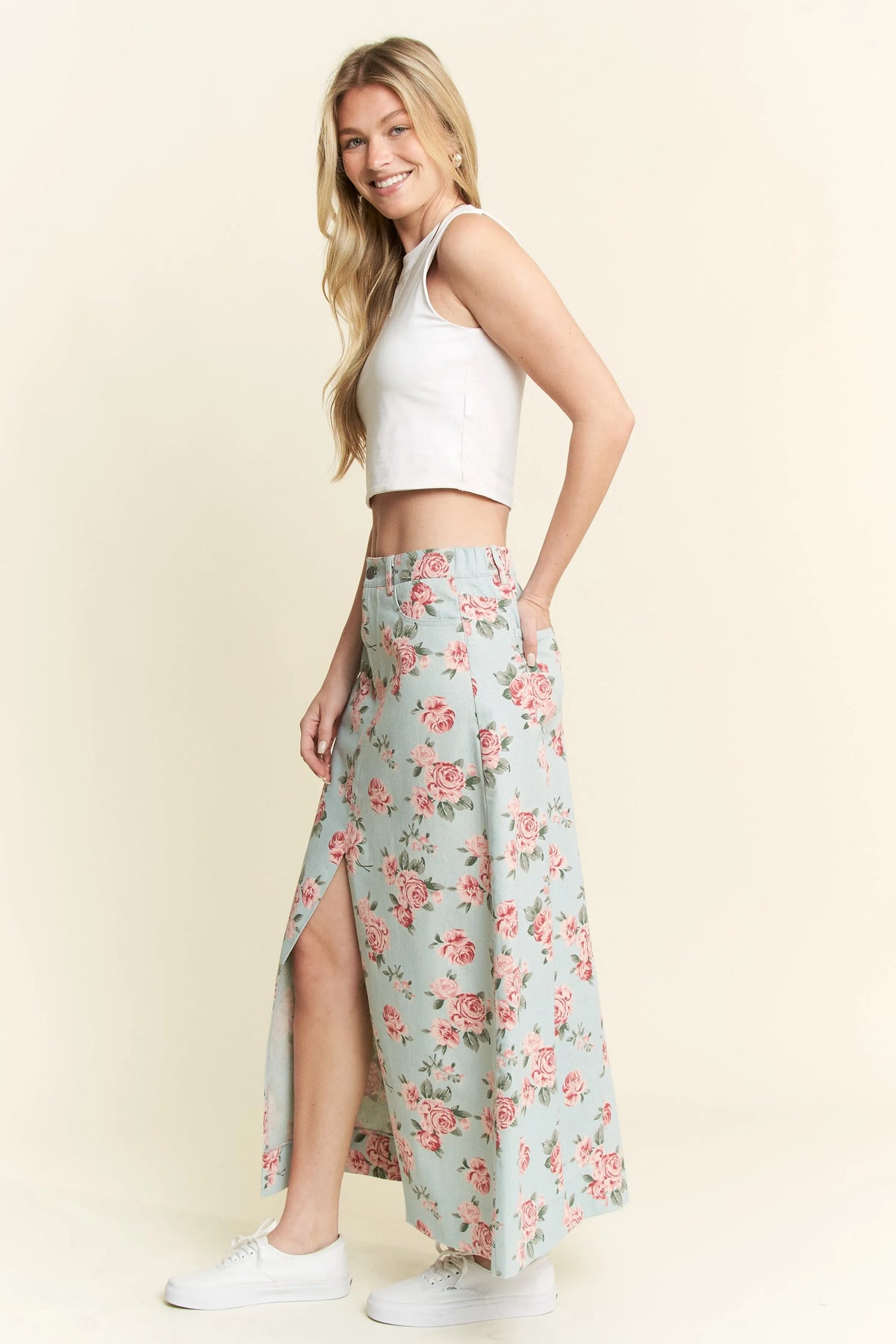Floral Print Front Slit Denim Maxi Skirt-maxi skirt-Reef Love