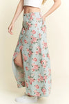 Floral Print Front Slit Denim Maxi Skirt-maxi skirt-Reef Love