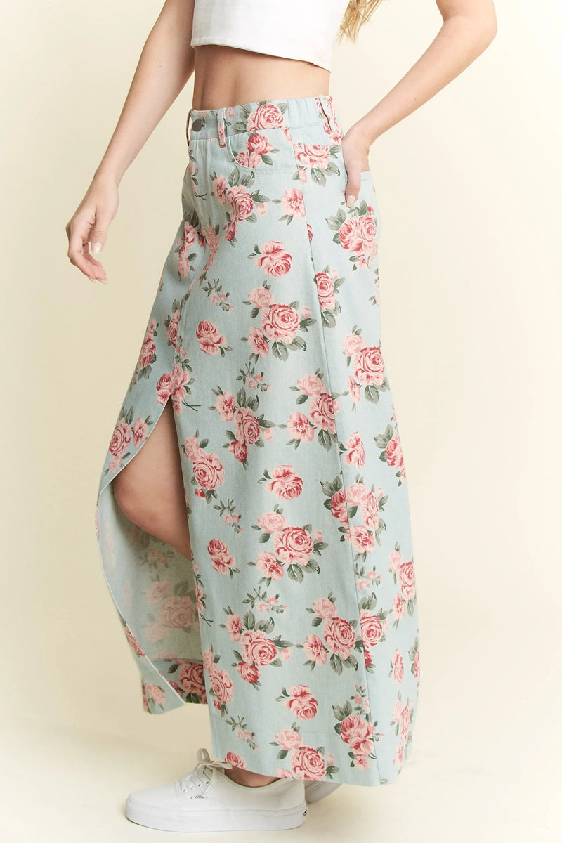 Floral Print Front Slit Denim Maxi Skirt-maxi skirt-Reef Love