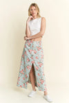 Floral Print Front Slit Denim Maxi Skirt-maxi skirt-Reef Love