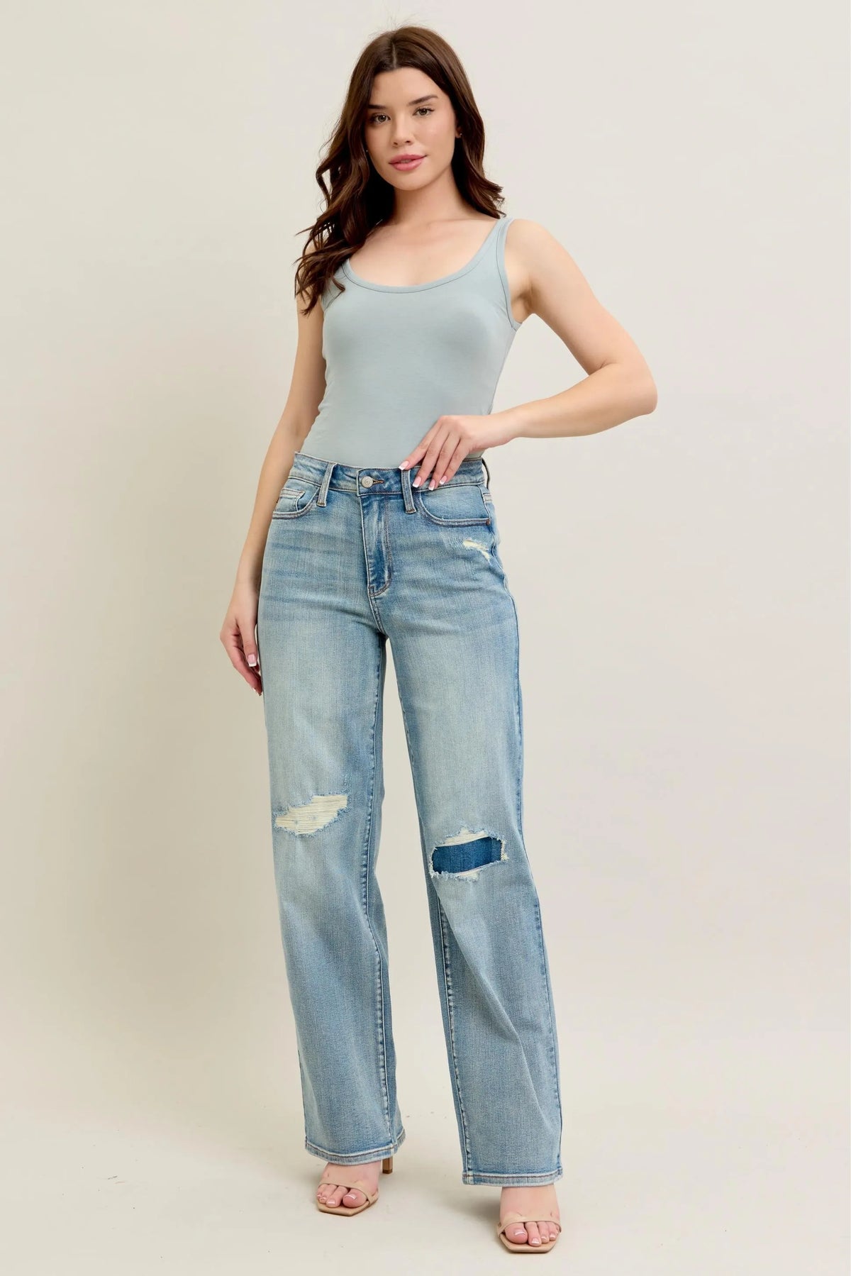 Judy Blue Hw Destroy & Knee Patch Straight Jeans-Jeans-Reef Love