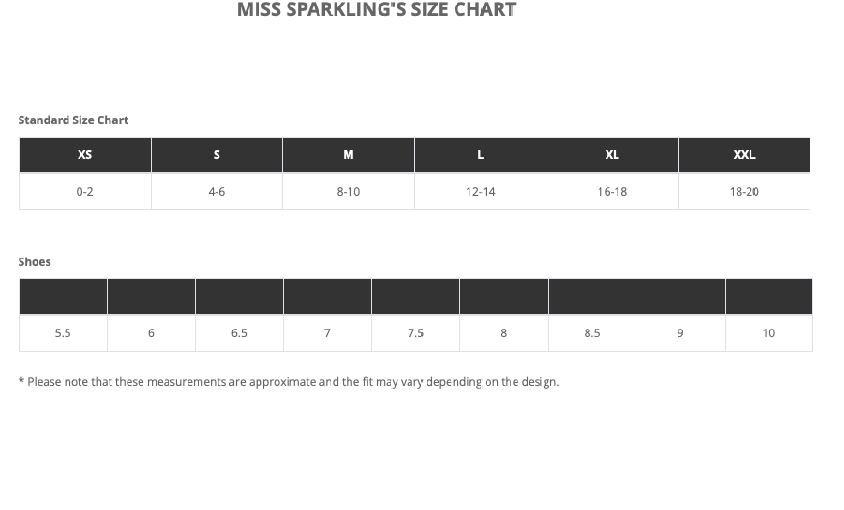 Size chart for 'Miss Sparkling' products with shoe size measurement guide.