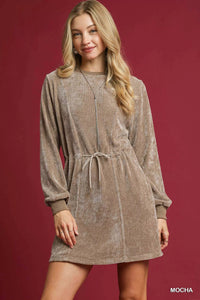 Mocha Velour Drawstring Mini Dress - Reef Love