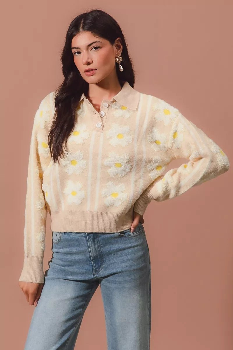 Oatmeal Floral Stripe Polo Collar Sweater - Reef Love