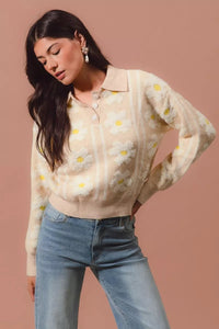 Oatmeal Floral Stripe Polo Collar Sweater - Reef Love