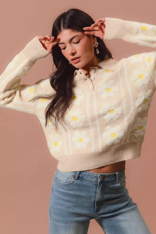 Oatmeal Floral Stripe Polo Collar Sweater - Reef Love