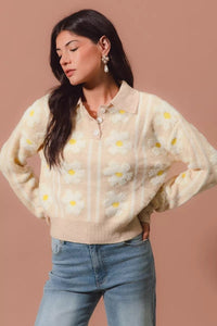 Oatmeal Floral Stripe Polo Collar Sweater - Reef Love