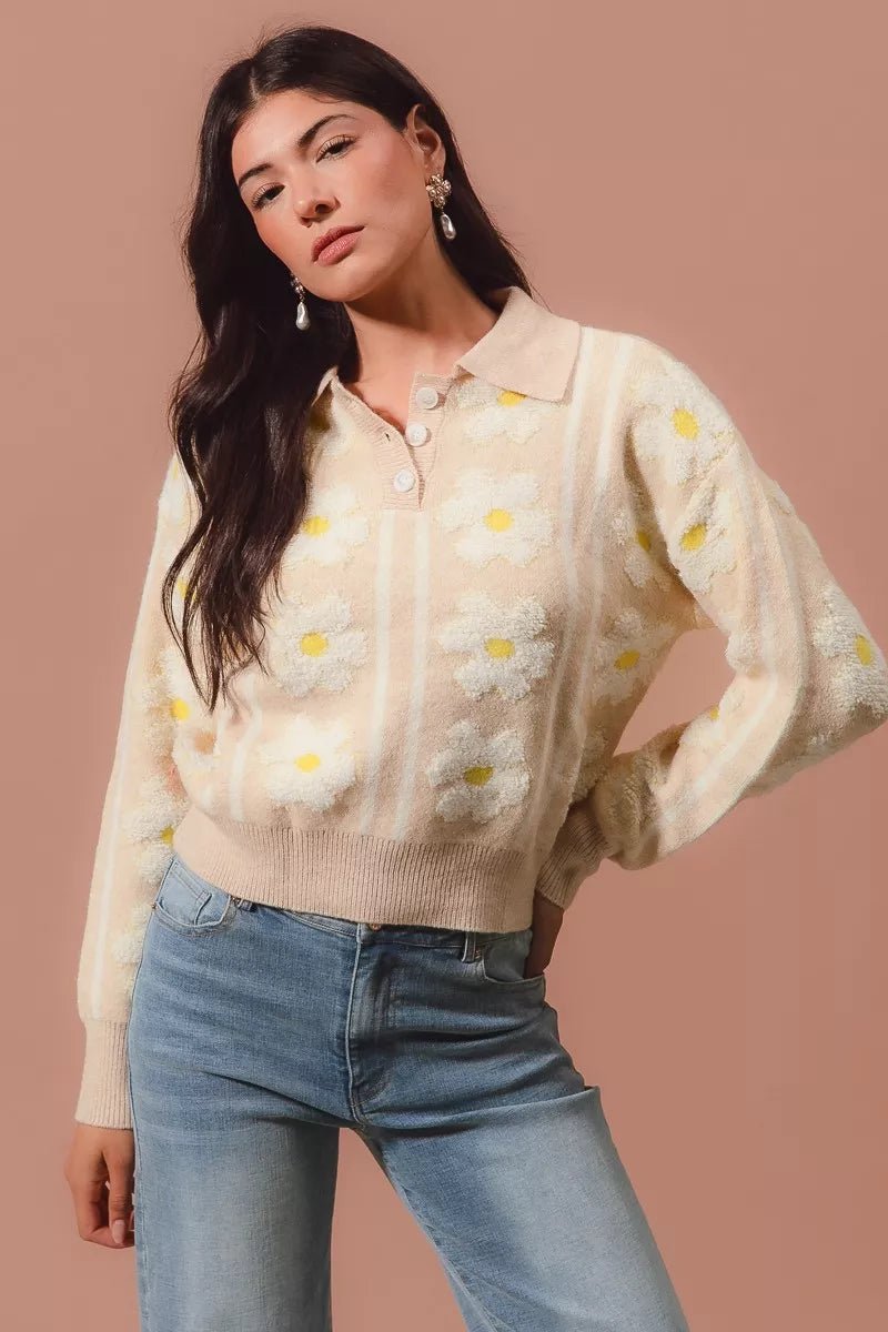 Oatmeal Floral Stripe Polo Collar Sweater - Reef Love