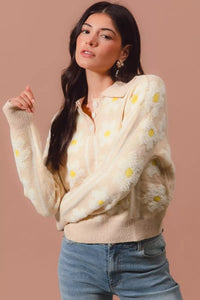 Oatmeal Floral Stripe Polo Collar Sweater - Reef Love