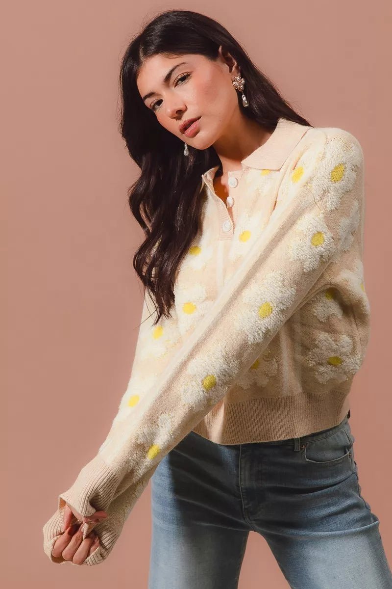 Oatmeal Floral Stripe Polo Collar Sweater - Reef Love