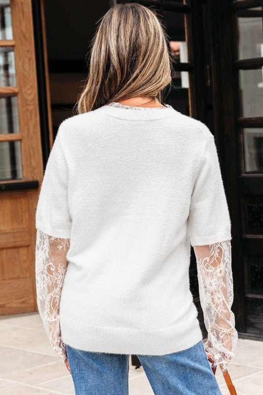 Samantha Lace Sleeve Two - piece Fuzzy Sweater - Reef Love