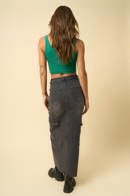 Super Maxi Cargo Denim Skirt, Black - Reef Love