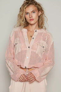 Texture Woven Button Down Hooded Shirt with Drawstring Hem - Reef Love