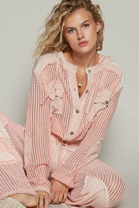 Texture Woven Button Down Hooded Shirt with Drawstring Hem - Reef Love