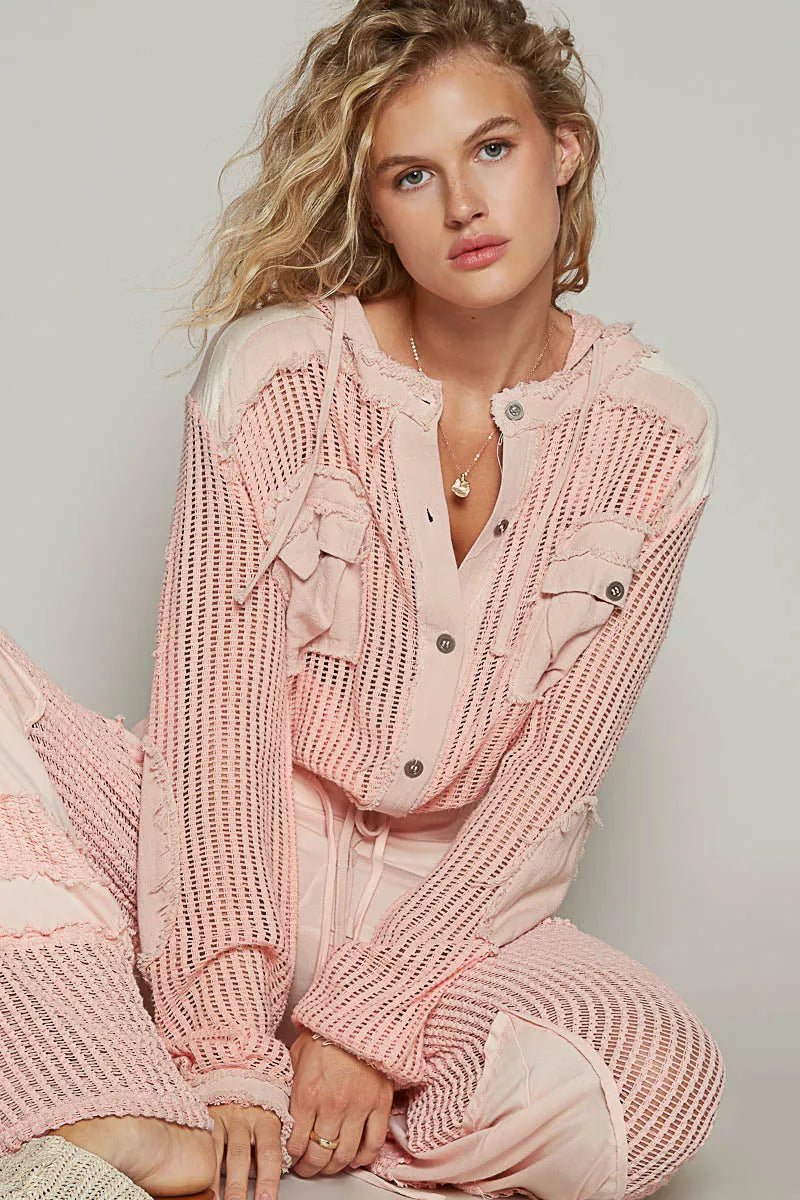 Texture Woven Button Down Hooded Shirt with Drawstring Hem - Reef Love