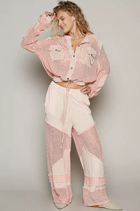 Texture Woven Button Down Hooded Shirt with Drawstring Hem - Reef Love