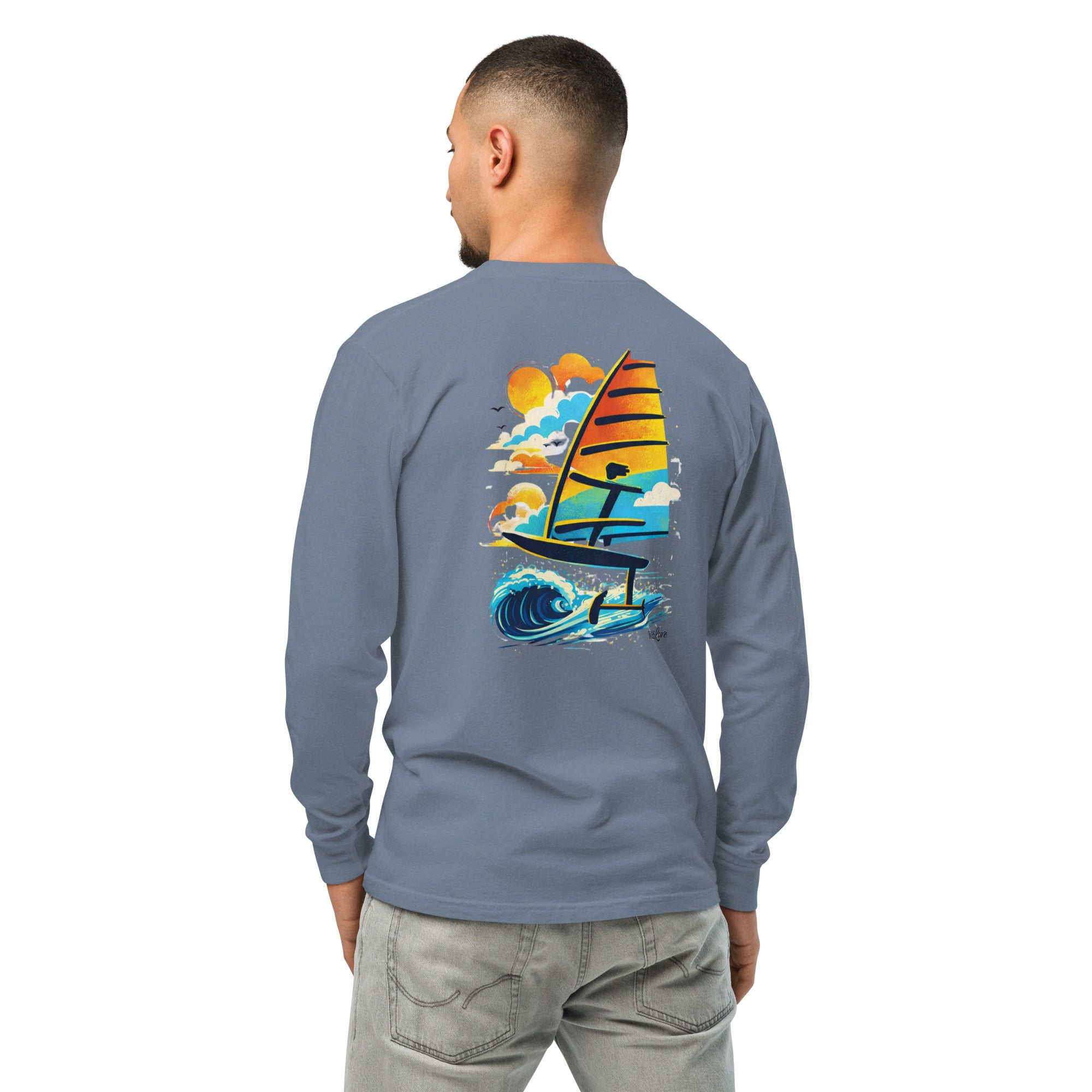 Windsurf Foiling Sunset Classic Unisex Long-Sleeve Graphic T-Shirt-perfect windsurfing, wing foiling, windsurf foil themed graphic t-shirt-custom Reef Love Design