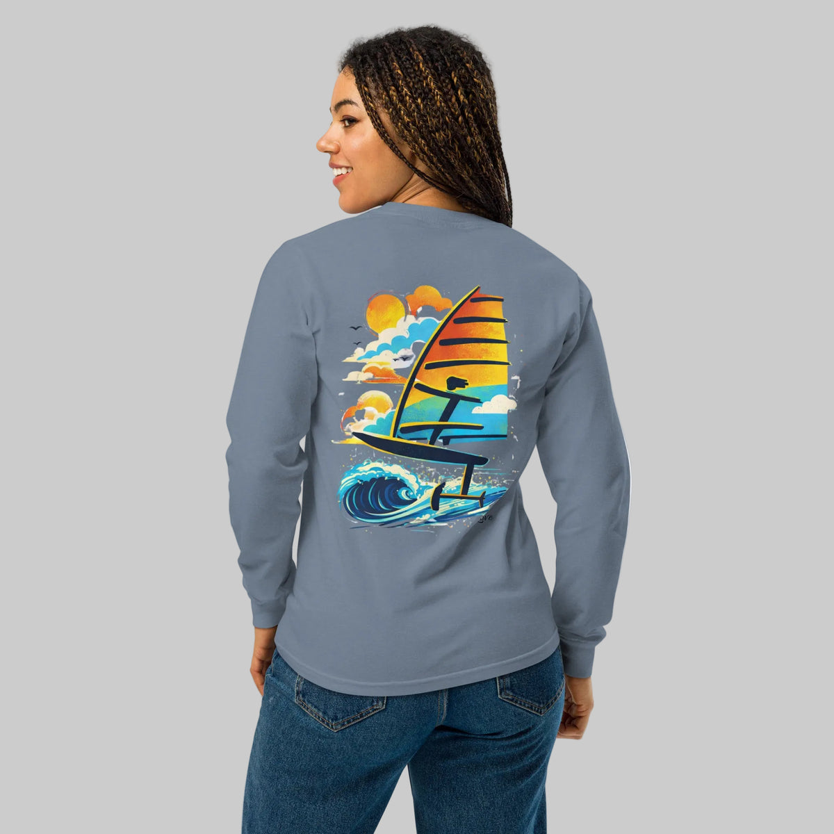 Windsurf Foiling Sunset Classic Unisex Long-Sleeve Graphic T-Shirt-perfect windsurfing, wing foiling, windsurf foil themed graphic t-shirt-custom Reef Love Design
