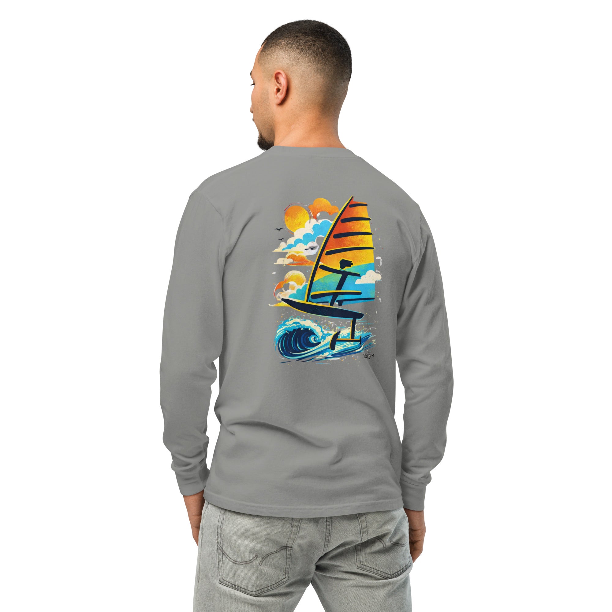 Windsurf Foiling Sunset Classic Unisex Long-Sleeve Graphic T-Shirt-perfect windsurfing, wing foiling, windsurf foil themed graphic t-shirt-custom Reef Love Design