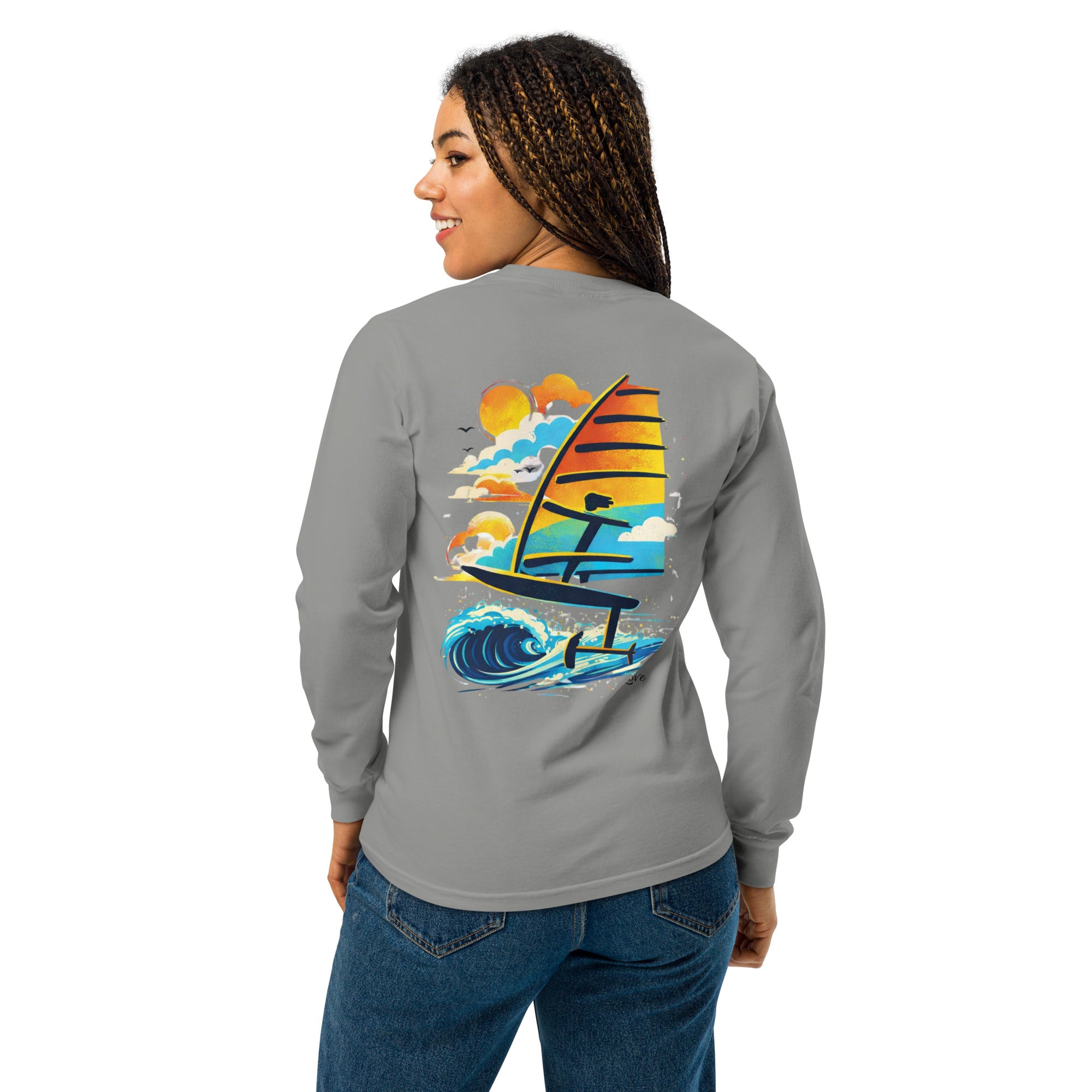 Windsurf Foiling Sunset Classic Unisex Long-Sleeve Graphic T-Shirt-perfect windsurfing, wing foiling, windsurf foil themed graphic t-shirt-custom Reef Love Design