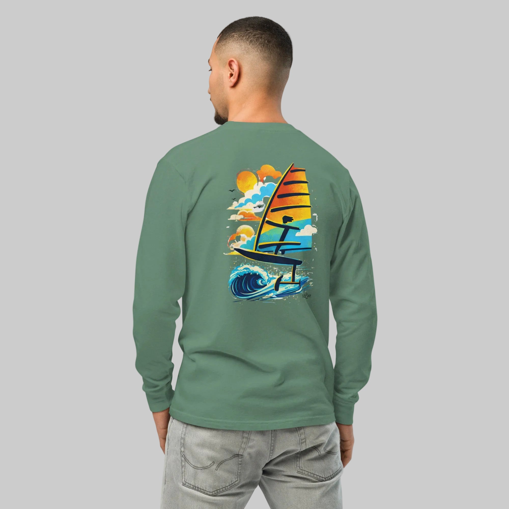 Windsurf Foiling Sunset Classic Unisex Long-Sleeve Graphic T-Shirt-perfect windsurfing, wing foiling, windsurf foil themed graphic t-shirt-custom Reef Love Design
